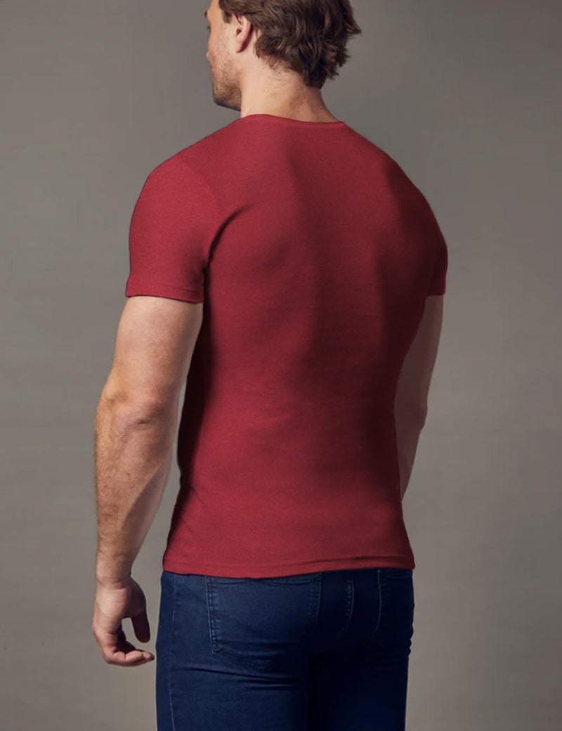palglg Mens Short Sleeve Cotton Muscle Slim Fitted Sport Henley T-Shirt with Button Wine Red L - Image 2